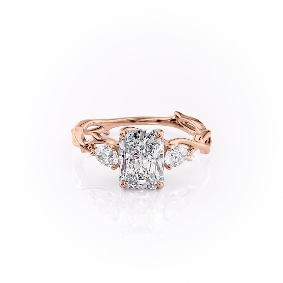 The Three Stone Twig. A Rose Gold Nature Engagement Ring Set With A 2ct Radiant Lab Grown Diamond. White Background.