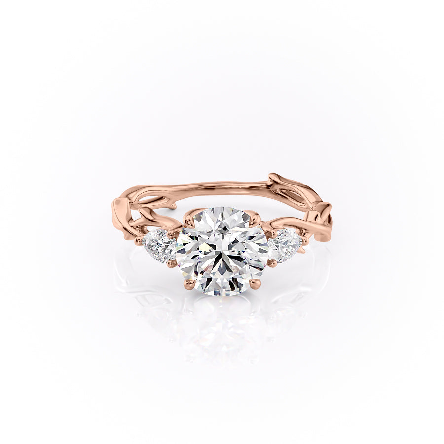 The Three Stone Twig. A Rose Gold Nature Engagement Ring Set With A 2ct Round Lab Grown Diamond. White Background.