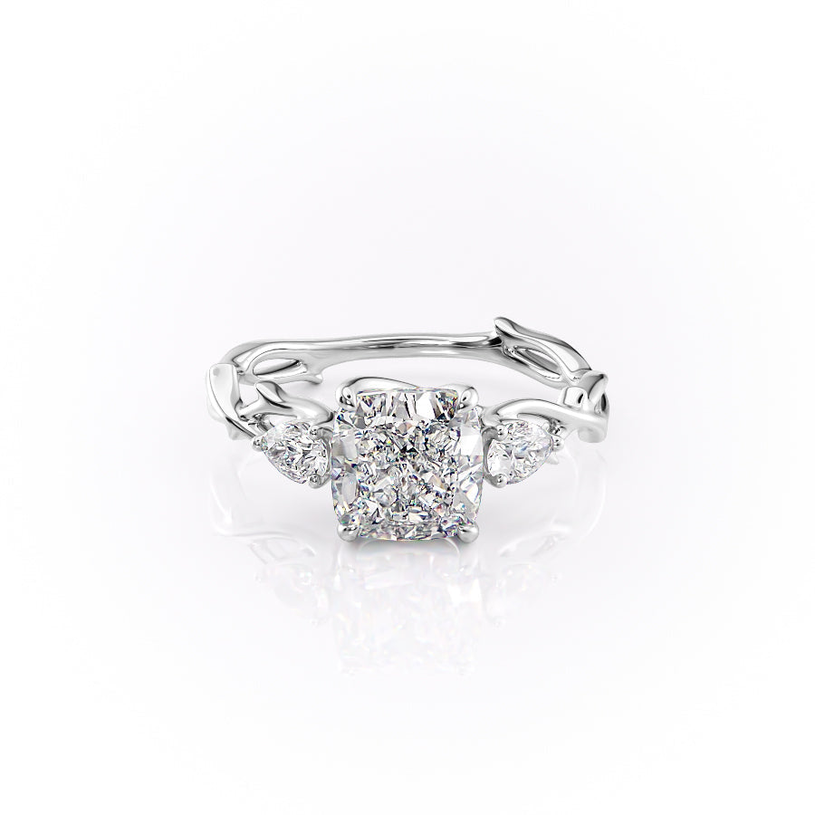 The Three Stone Twig. A White Gold Nature Engagement Ring Set With A 2ct Cushion Lab Grown Diamond. White Background.