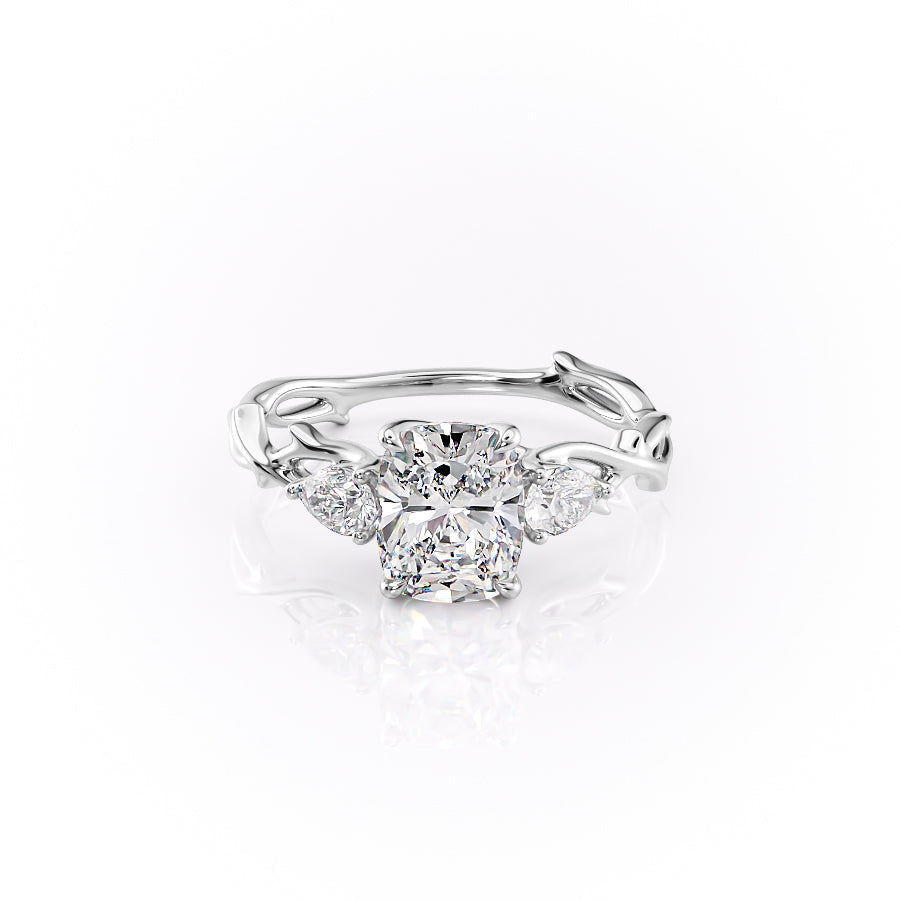 The Three Stone Twig. A White Gold Nature Engagement Ring Set With A 2ct Elongated Cushion Lab Grown Diamond. White Background.