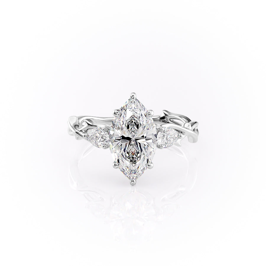 The Three Stone Twig. A White Gold Nature Engagement Ring Set With A 2ct Marquise Lab Grown Diamond. White Background.
