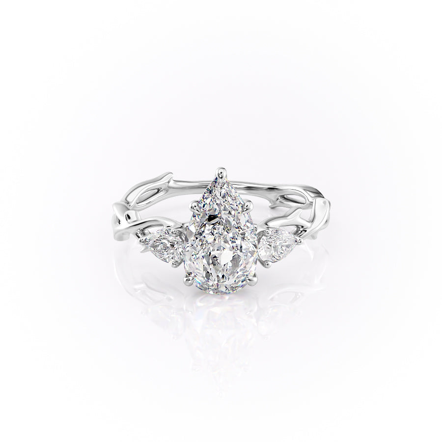 The Three Stone Twig. A White Gold Nature Engagement Ring Set With A 2ct Pear Lab Grown Diamond. White Background.