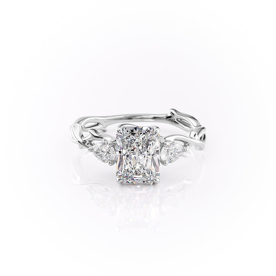 The Three Stone Twig. A White Gold Nature Engagement Ring Set With A 2ct Radiant Lab Grown Diamond. White Background.