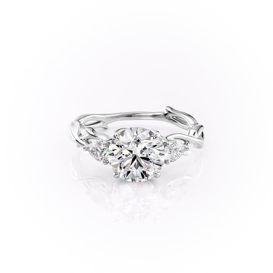 The Three Stone Twig. A White Gold Nature Engagement Ring Set With A 2ct Round Lab Grown Diamond. White Background.