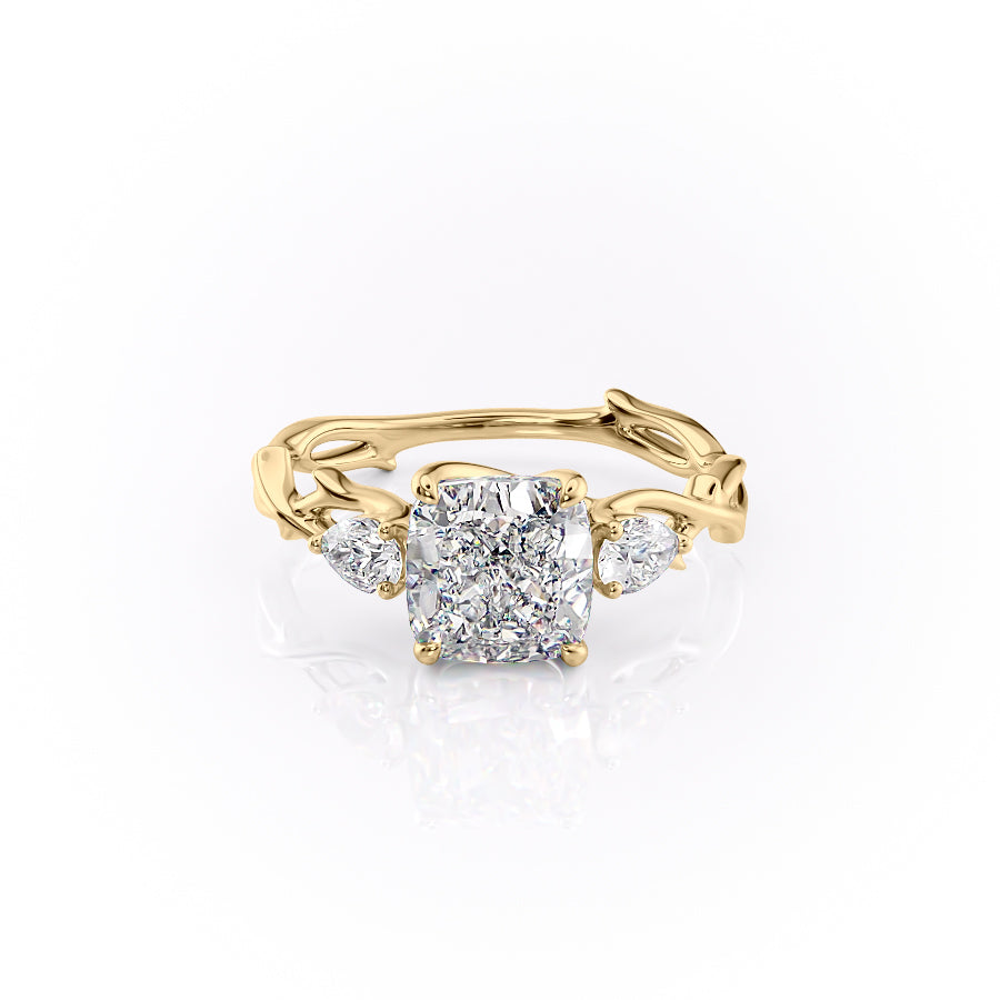 The Three Stone Twig. A Yellow Gold Nature Engagement Ring Set With A 2ct Cushion Lab Grown Diamond. White Background.