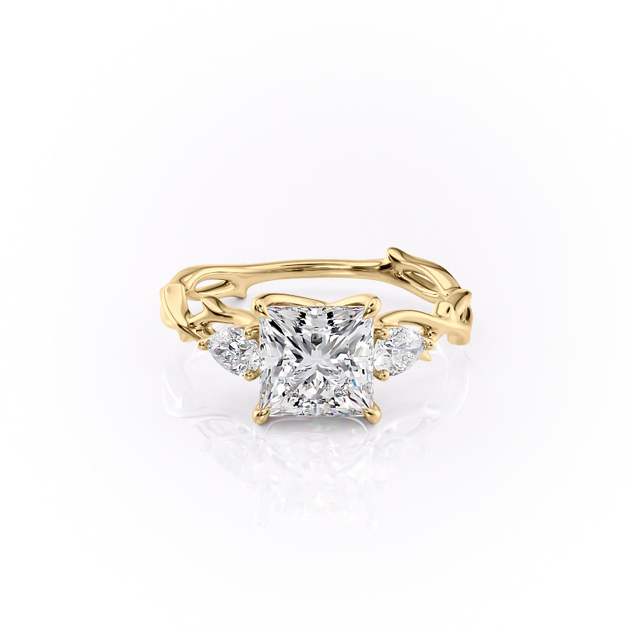 The Three Stone Twig. A Yellow Gold Nature Engagement Ring Set With A 2ct Princess Lab Grown Diamond. White Background.