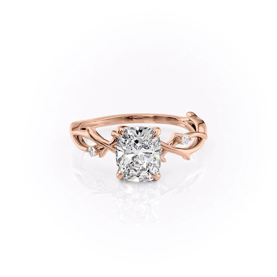 The Twig. A Rose Gold Solitaire, Nature, Three Stone, Side Stones Engagement Ring Set With A 2ct Elongated Cushion Lab Grown Diamond. White Background.