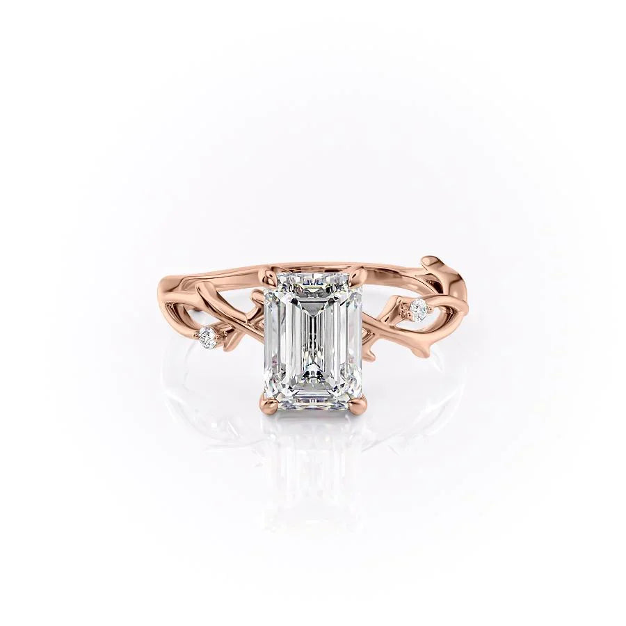 The Twig. A Rose Gold Solitaire, Nature, Three Stone, Side Stones Engagement Ring Set With A 2ct Emerald Lab Grown Diamond. White Background.