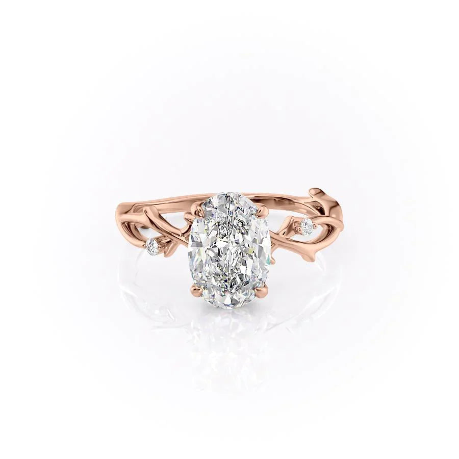 The Twig. A Rose Gold Solitaire, Nature, Three Stone, Side Stones Engagement Ring Set With A 2ct Oval Lab Grown Diamond. White Background.