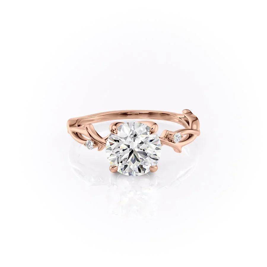 The Twig. A Rose Gold Solitaire, Nature, Three Stone, Side Stones Engagement Ring Set With A 2ct Round Lab Grown Diamond. White Background.