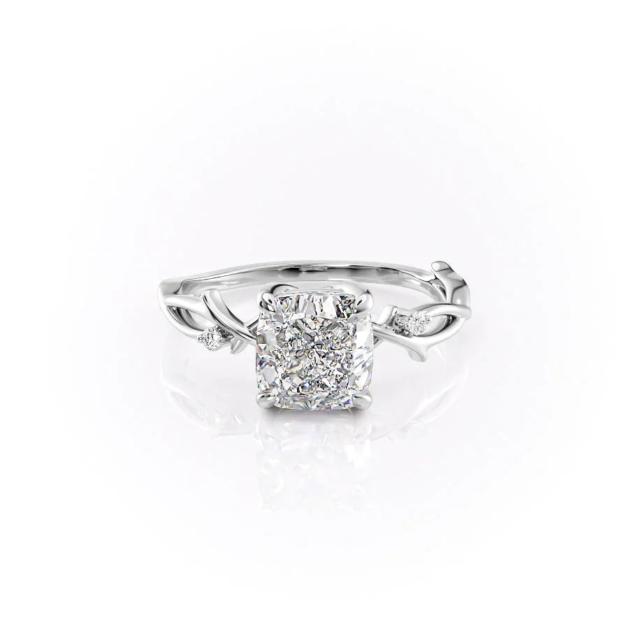 The Twig. A White Gold Solitaire, Nature, Three Stone, Side Stones Engagement Ring Set With A 2ct Cushion Lab Grown Diamond. White Background.