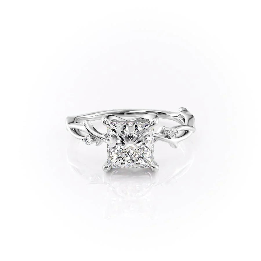 The Twig. A White Gold Solitaire, Nature, Three Stone, Side Stones Engagement Ring Set With A 2ct Princess Lab Grown Diamond. White Background.