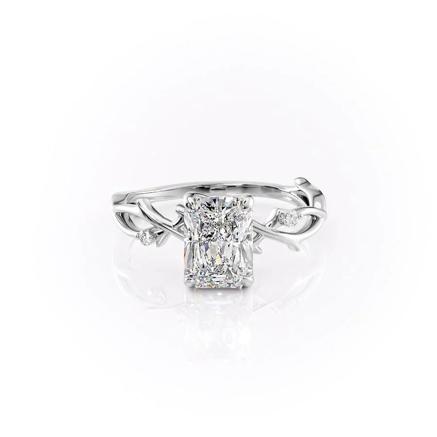The Twig. A White Gold Solitaire, Nature, Three Stone, Side Stones Engagement Ring Set With A 2ct Radiant Lab Grown Diamond. White Background.