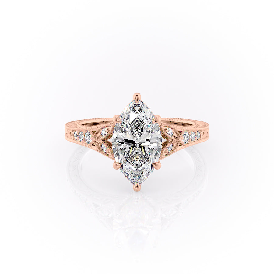 The Violet. A Rose Gold Vintage, Side Stones Engagement Ring Set With A 2ct Marquise Lab Grown Diamond. White Background.