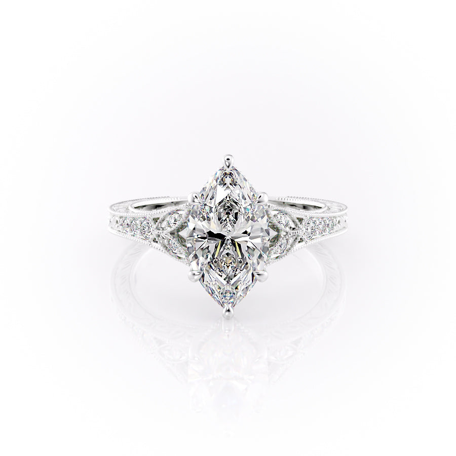 The Violet. A White Gold Vintage, Side Stones Engagement Ring Set With A 2ct Marquise Lab Grown Diamond. White Background.